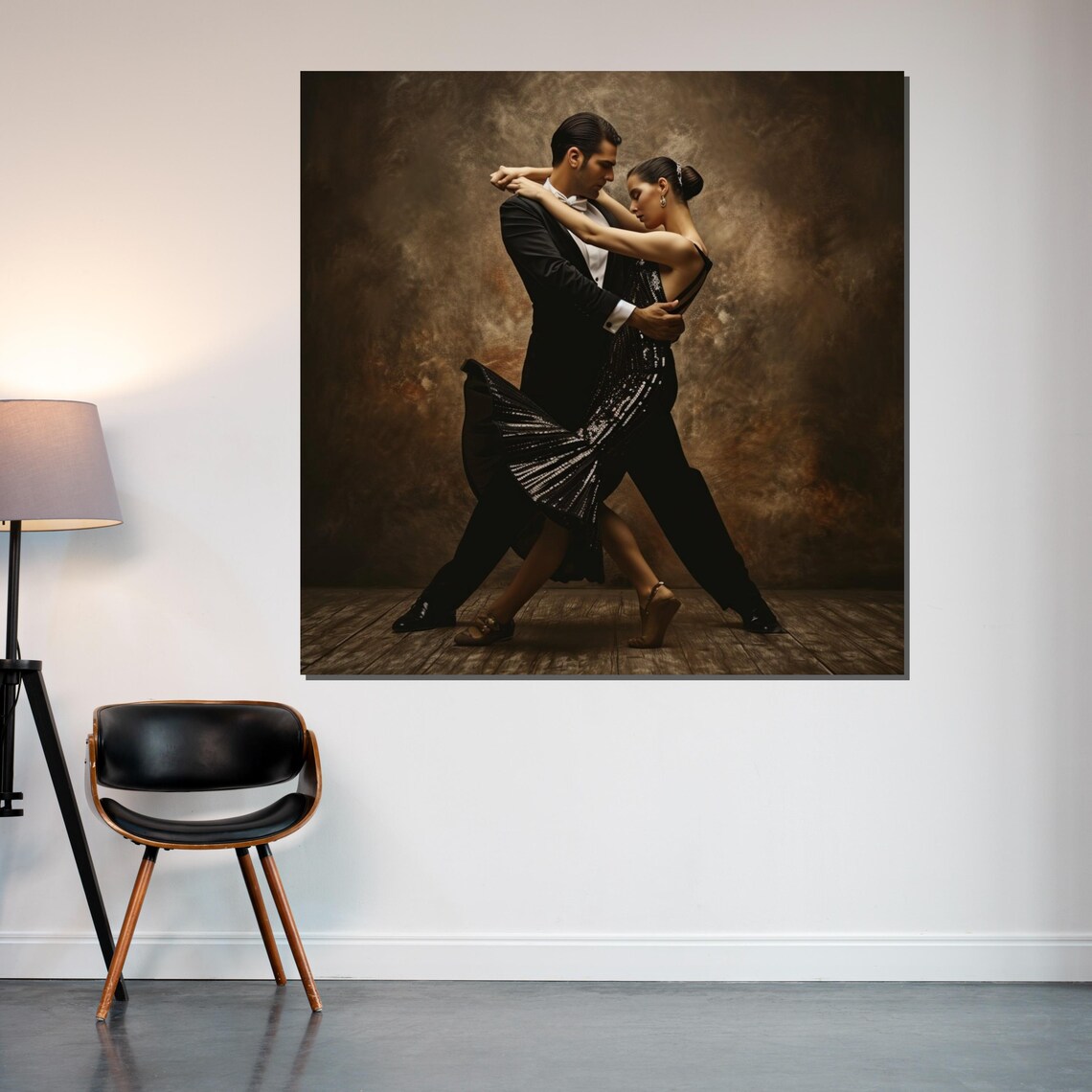 Tango Dancers in Passionate Embrace Smoky Stage Dance Art Poster - Image 2
