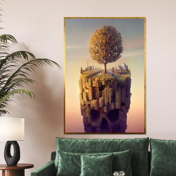 Nature Cliff Cityscape Tree On Cliff Art Scenic Landscape Print Wall Art Design Ready To Hang Decoration