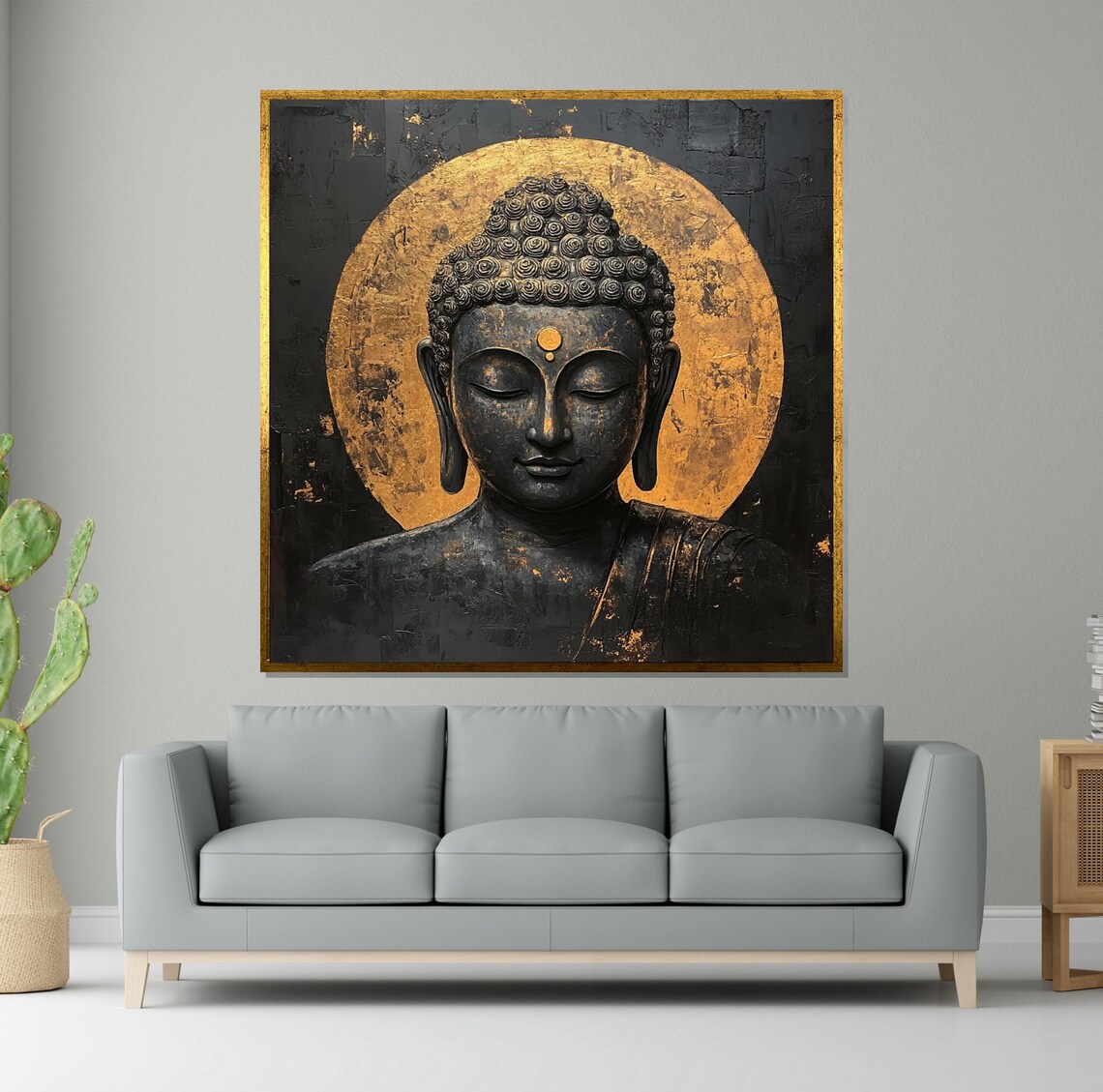 Black and Gold Buddha Head Golden Halo Sacred Spiritual Art Poster