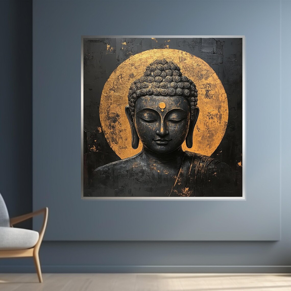 Black and Gold Buddha Head Golden Halo Sacred Spiritual Art Poster - Image 4