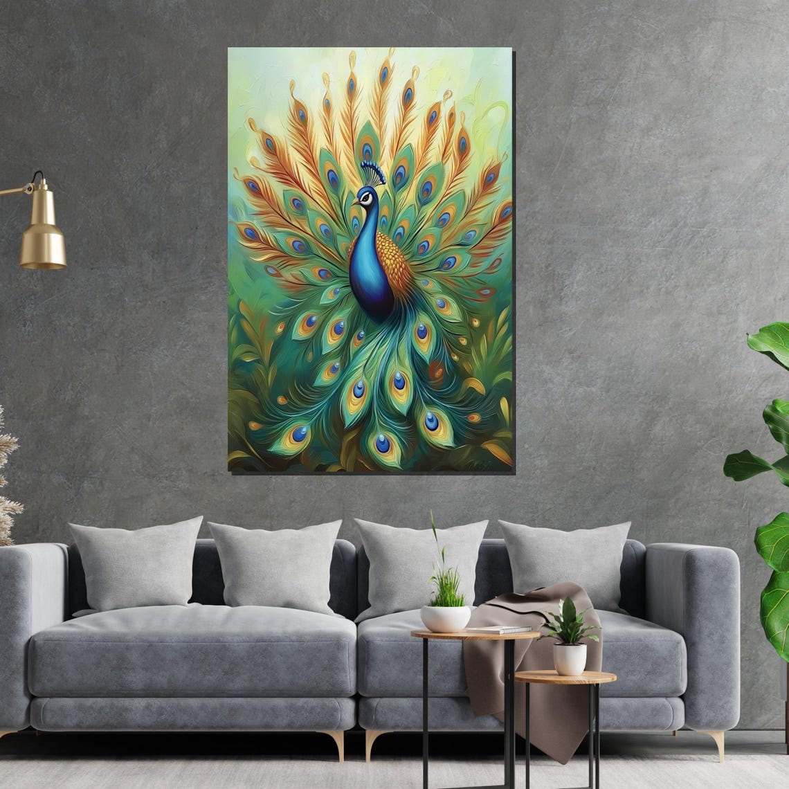 Peacock Full Fan Tail Teal Gold Painterly Exotic Bird Art Poster - Image 2