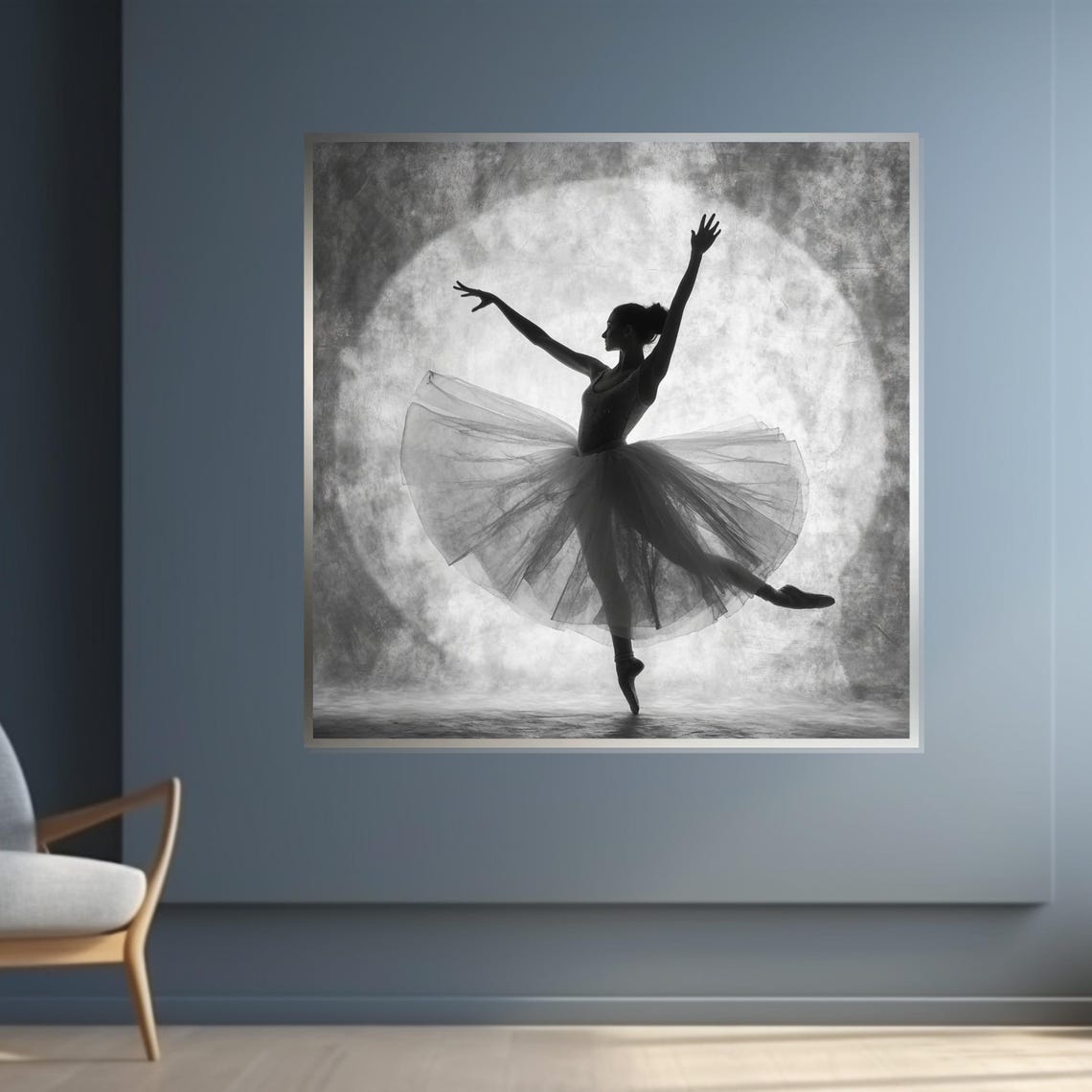 Ballerina Silhouette Dancing Against Full Moon Monochrome Poster - Image 4