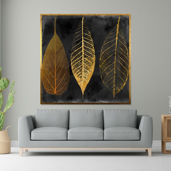 Golden Leaf Skeletons on Black Botanical Trio Nature Inspired Wall Art
