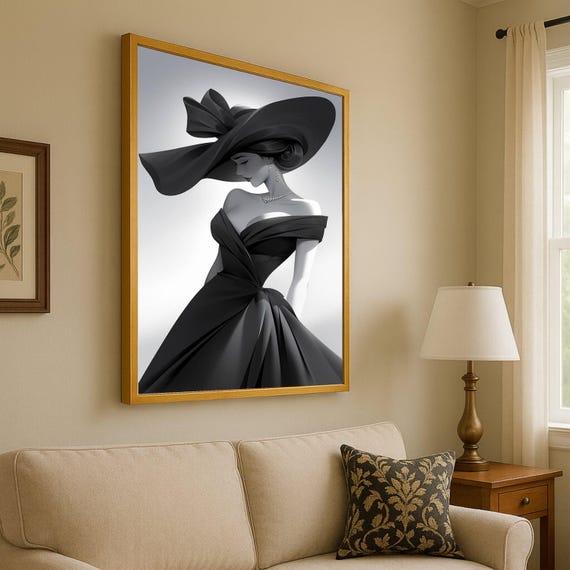 Elegant Woman In Black Dress Canvas Vintage Fashion Wall Art Stylish Lady Portrait Monochrome Glamour Decoration Ready To Hang