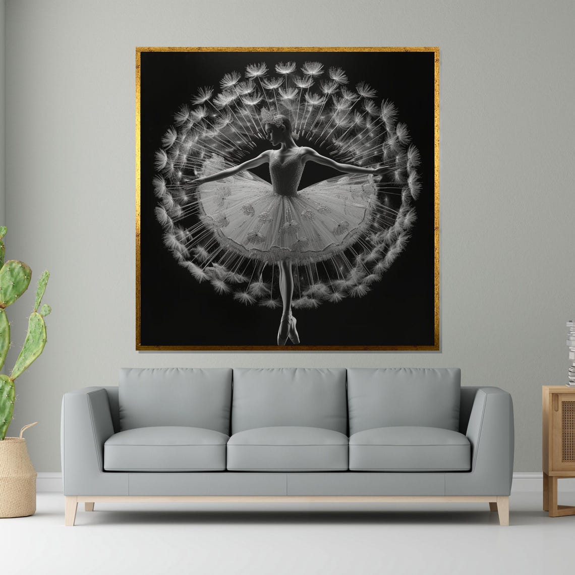 Ballerina Inside Dandelion Seed Head Black and White Art Poster