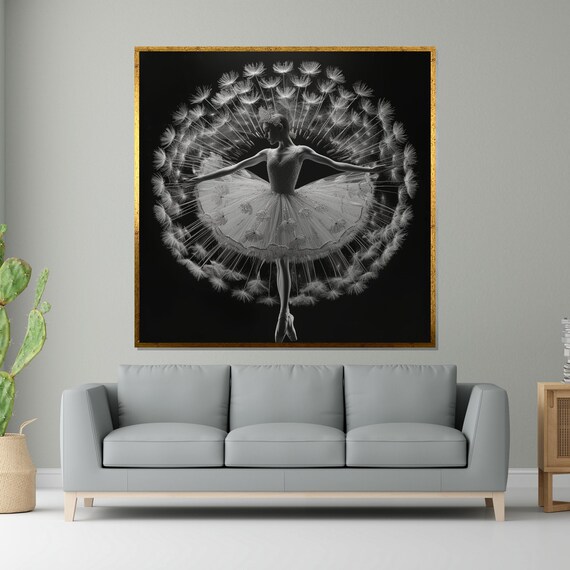 Ballerina Inside Dandelion Seed Head Black and White Art Poster
