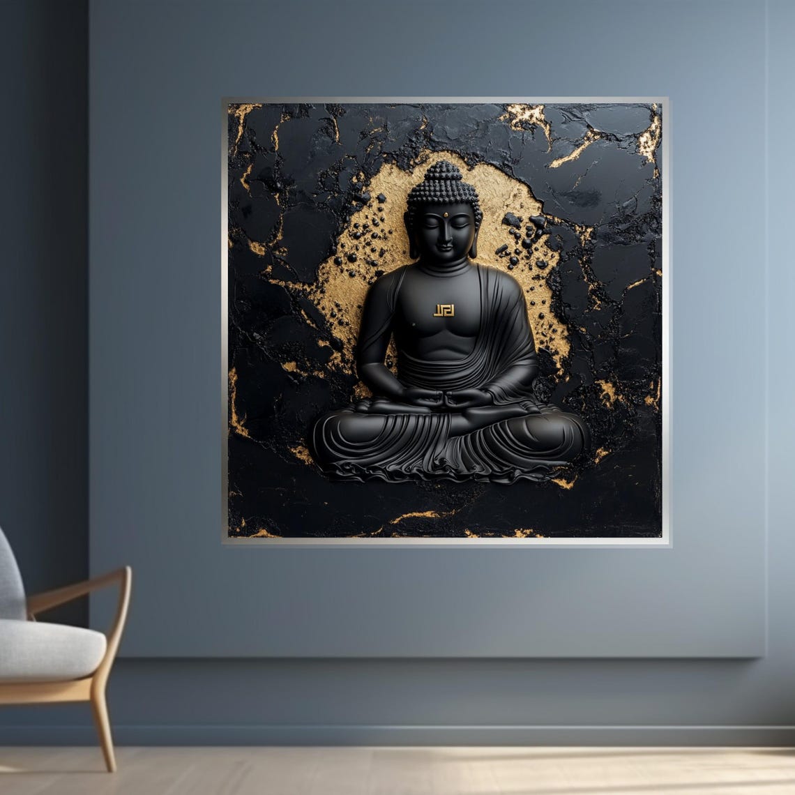 Black Buddha Statue Gold Leaf Textured Meditation Art Poster - Image 4