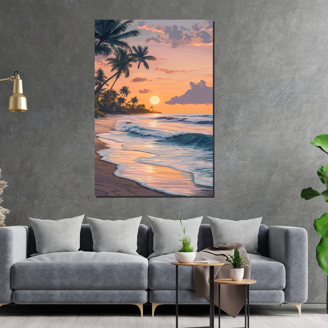 Serene Golden Tropical Beach Sunset Palm Trees Ocean Waves Poster - Image 2