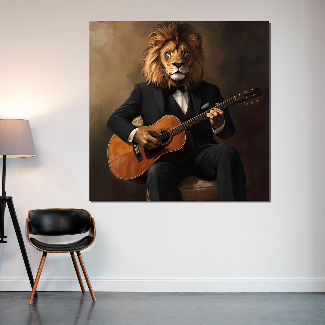 Lion in Tuxedo Playing Guitar Funny Whimsical Animal Portrait Poster - Image 2