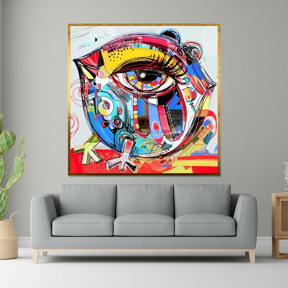 Abstract Owl Colorful Eye Wall Art Vibrant Owl Illustration Geometric Animal Design Ready To Hang Modern Art