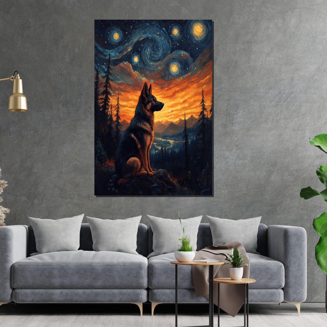 German Shepherd under Starry Night Sky Mountain Landscape Art Poster - Image 2