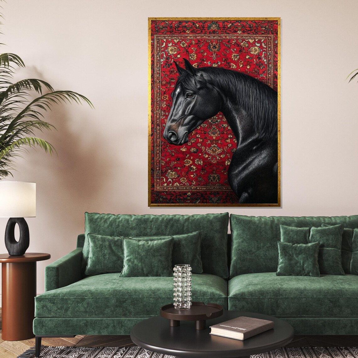 Black Stallion Red Persian Rug Elegant Equine Portrait Art Poster