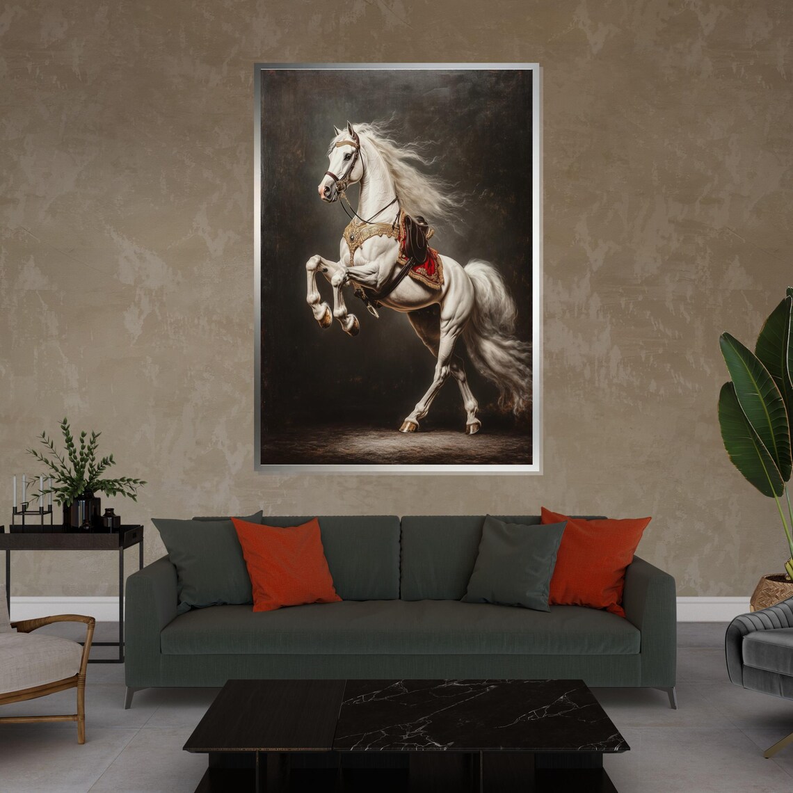 White Horse Rearing Ornate Harness Classical Equestrian Oil Art Poster - Image 4
