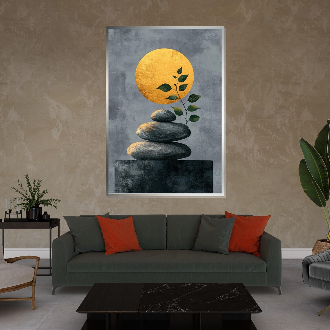 Zen Stone Cairn Golden Moon Branch Serene Minimalist Art Poster - Image 4