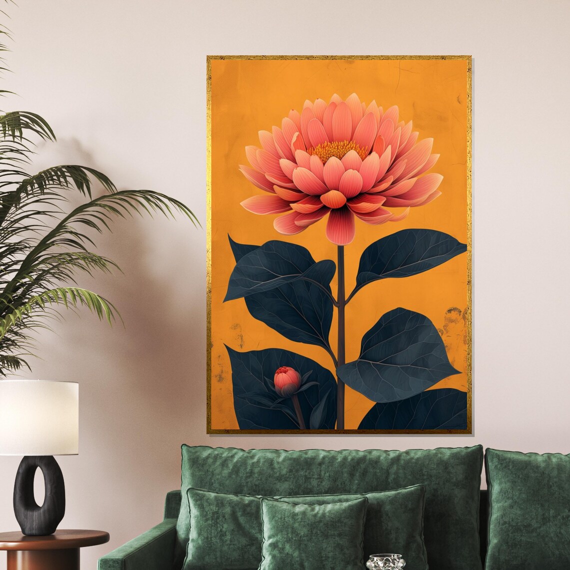 Orange Dahlia Mustard Yellow Background Bold Botanical Art Poster