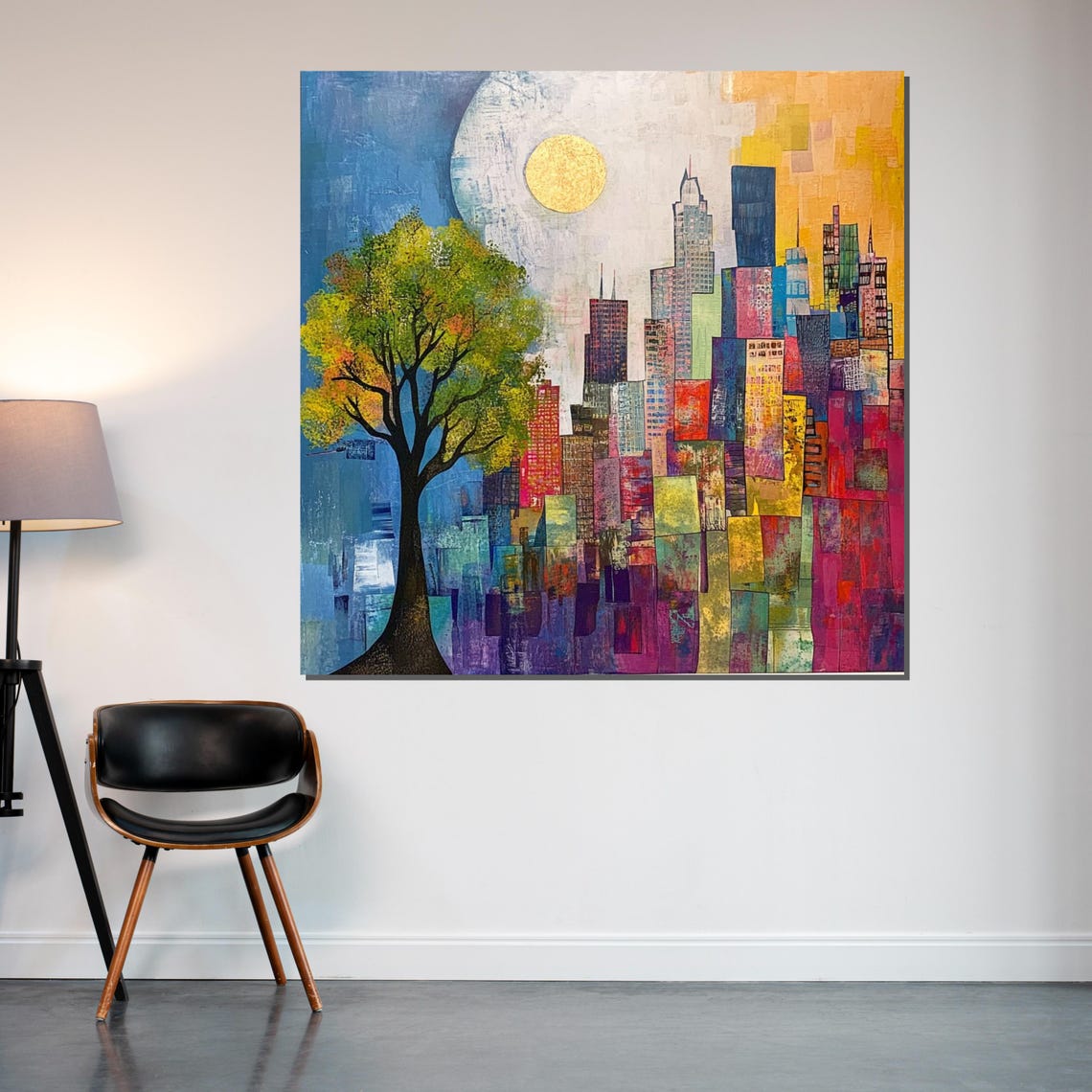 Colorful Skyline Abstract Cityscape Print Tree In Urban Setting Wall Art Design Ready To Hang Decoration - Image 2