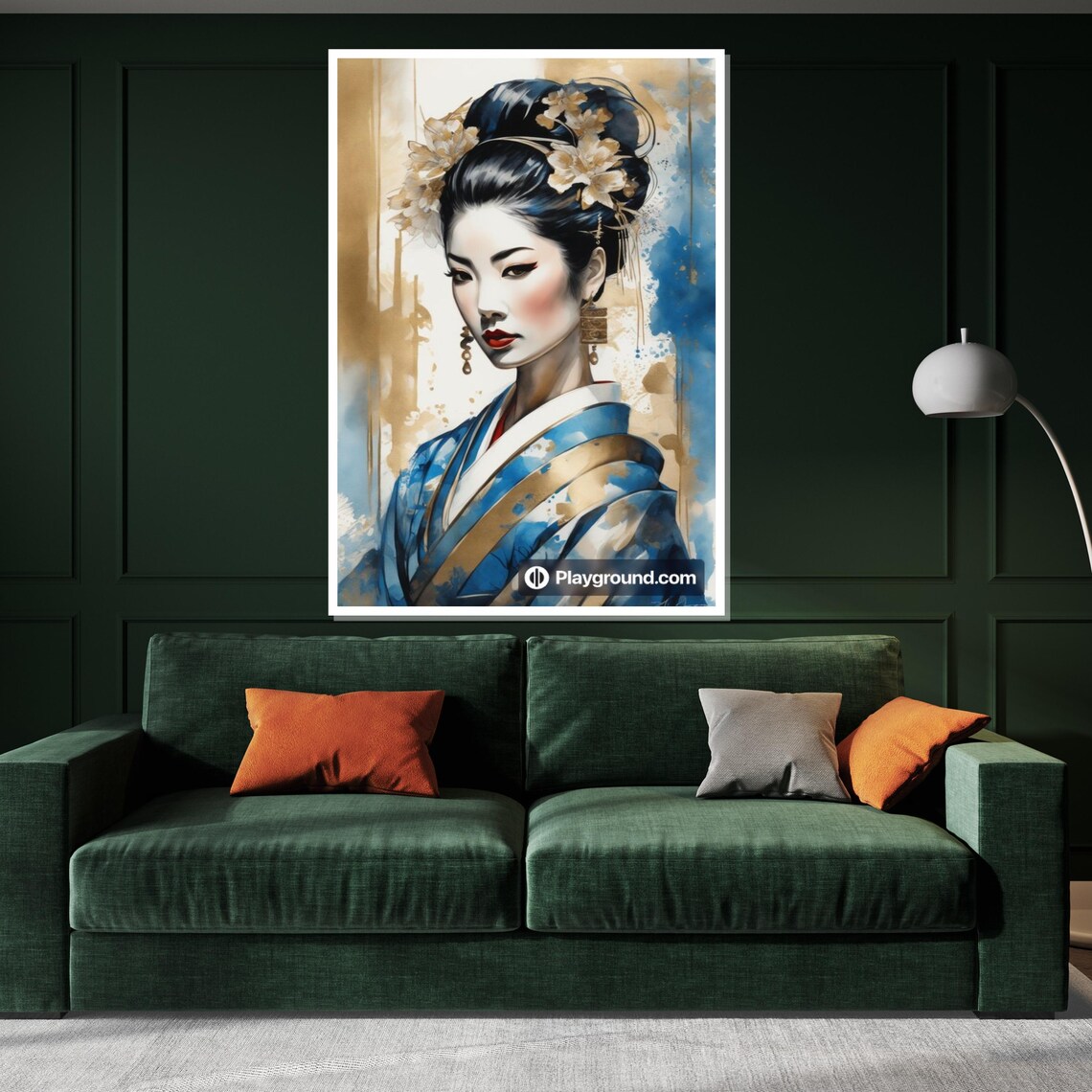 Elegant Geisha Blue Kimono Golden Floral Graceful Portrait Art Poster - Image 3