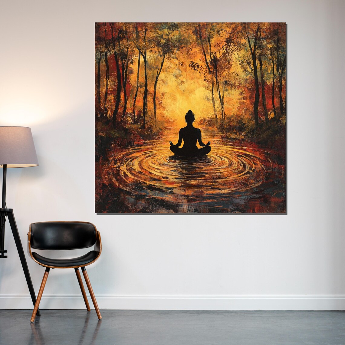 Meditating Woman Silhouette Golden Autumn Forest Lake Poster - Image 2