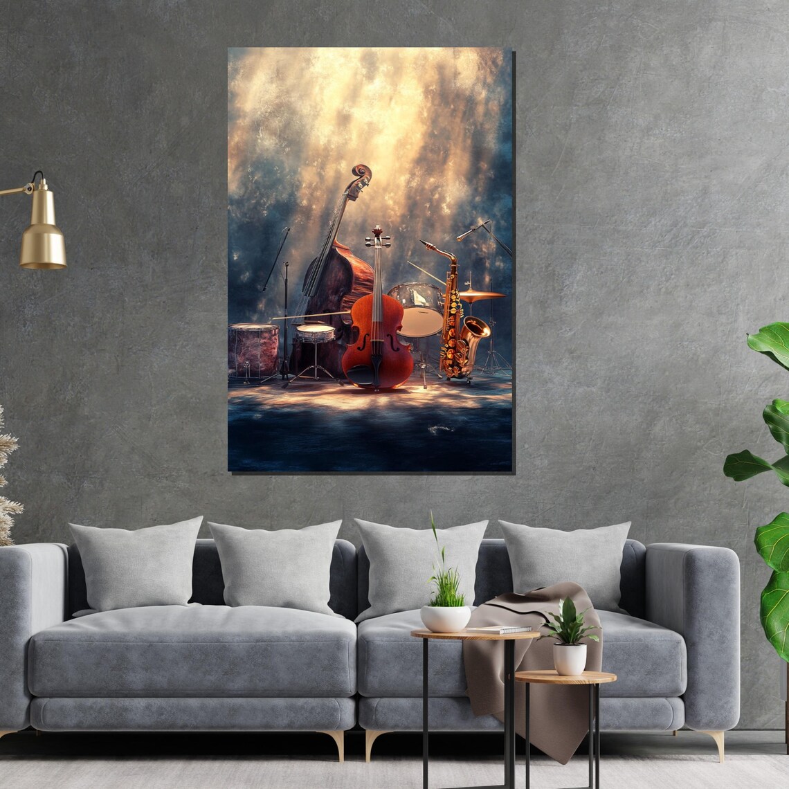 Jazz Band Instruments on a Smoky Spotlight Stage Vintage Music Poster - Image 2