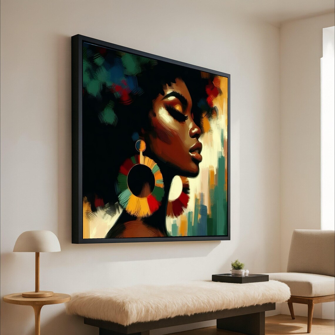 Afrocentric Woman Abstract Portrait Colorful Hoop Earrings Modern Art Poster