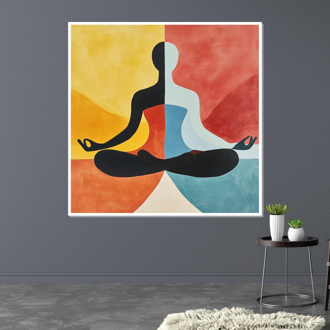 Split Black White Meditating Figure Colorful Abstract Art Poster - Image 3