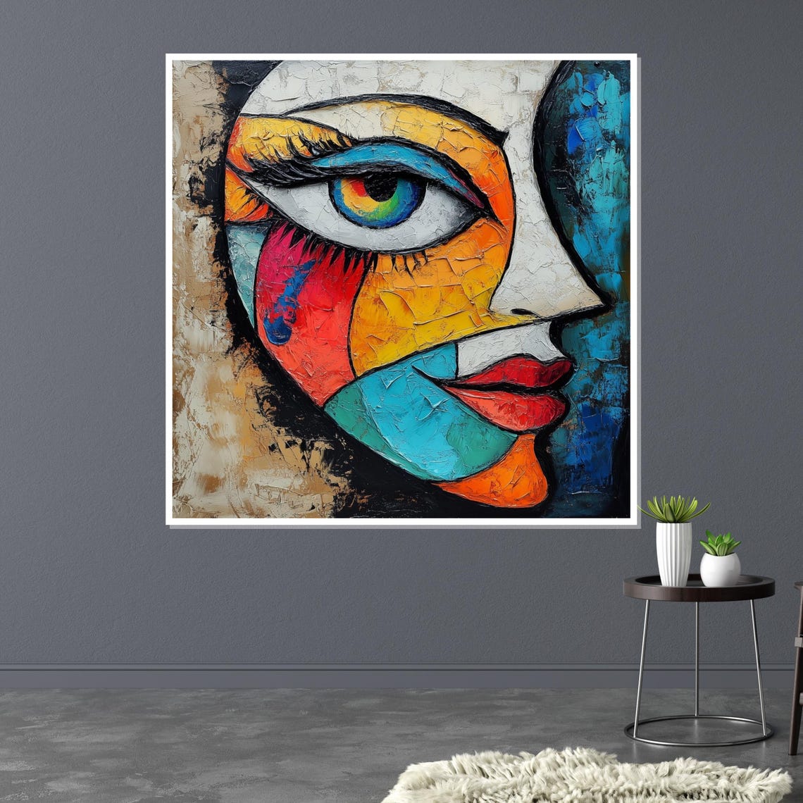 Colorful Abstract Face Modern Art Textured Wall Art Picasso Style Vibrant Expression Ready To Hang Art Design - Image 3