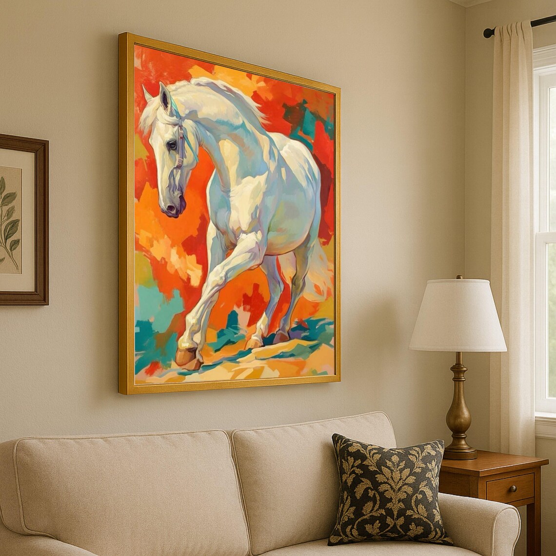 White Horse Colorful Abstract Equestrian Oil Painting Art Poster