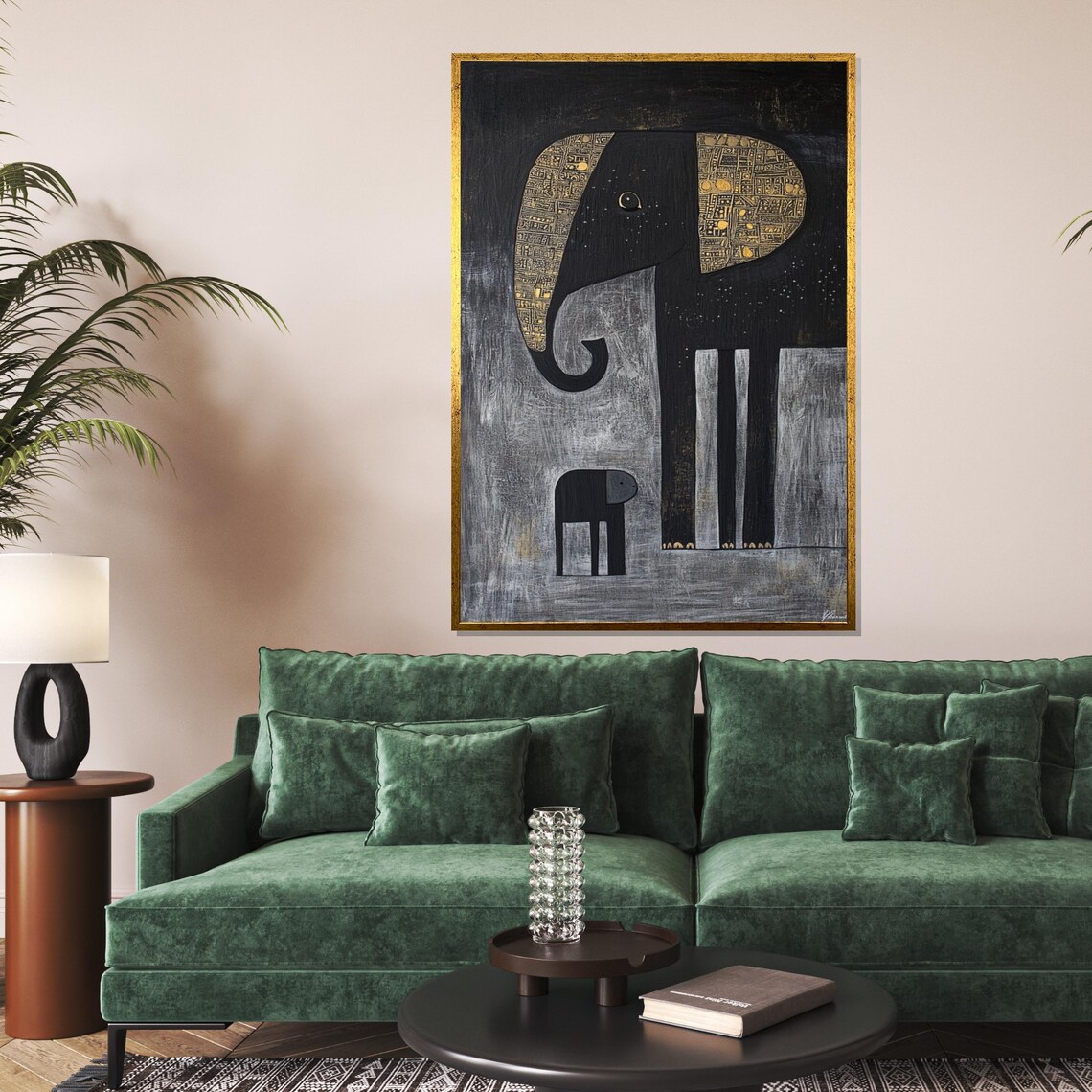 Elephant Mother Baby Black Gold Naif Style Tender Family Wall Art
