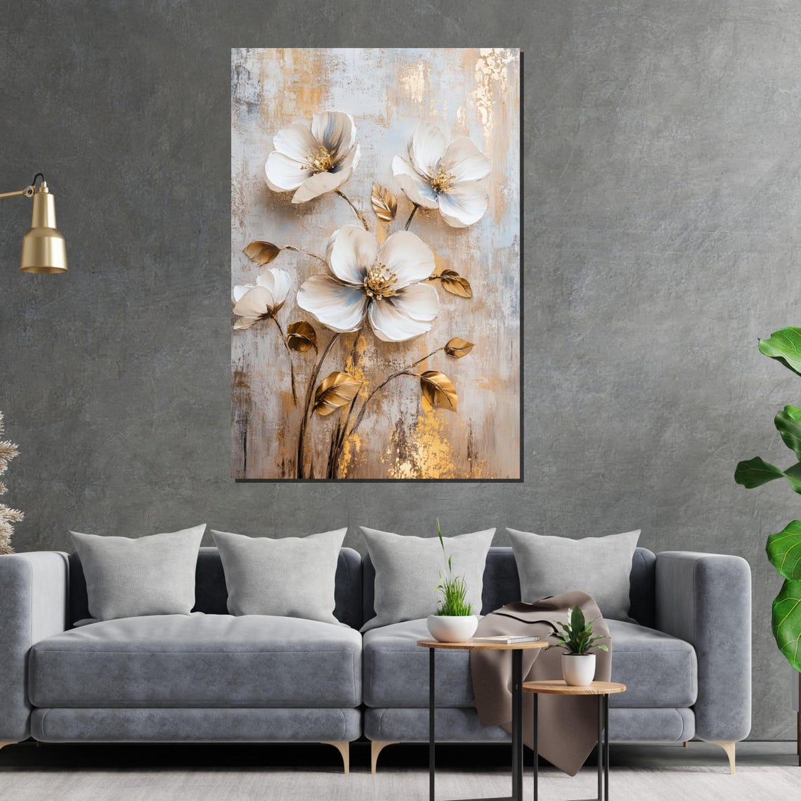 White Magnolia Golden Leaves Beige Background Elegant Art Poster - Image 2