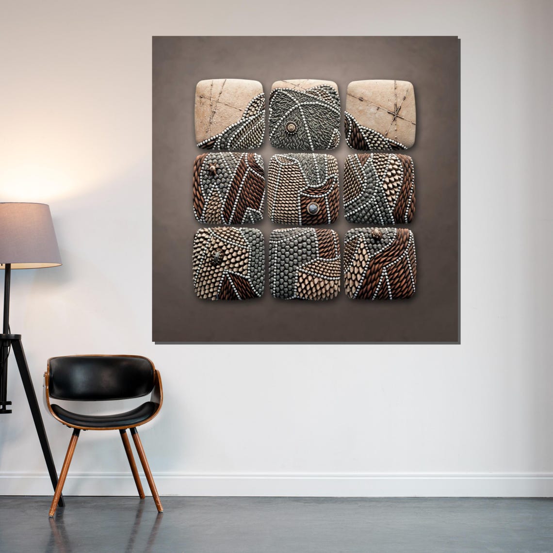 Stone Mosaic Panels 3x3 Earth Tone Textured Tribal Pattern Wall Art - Image 2