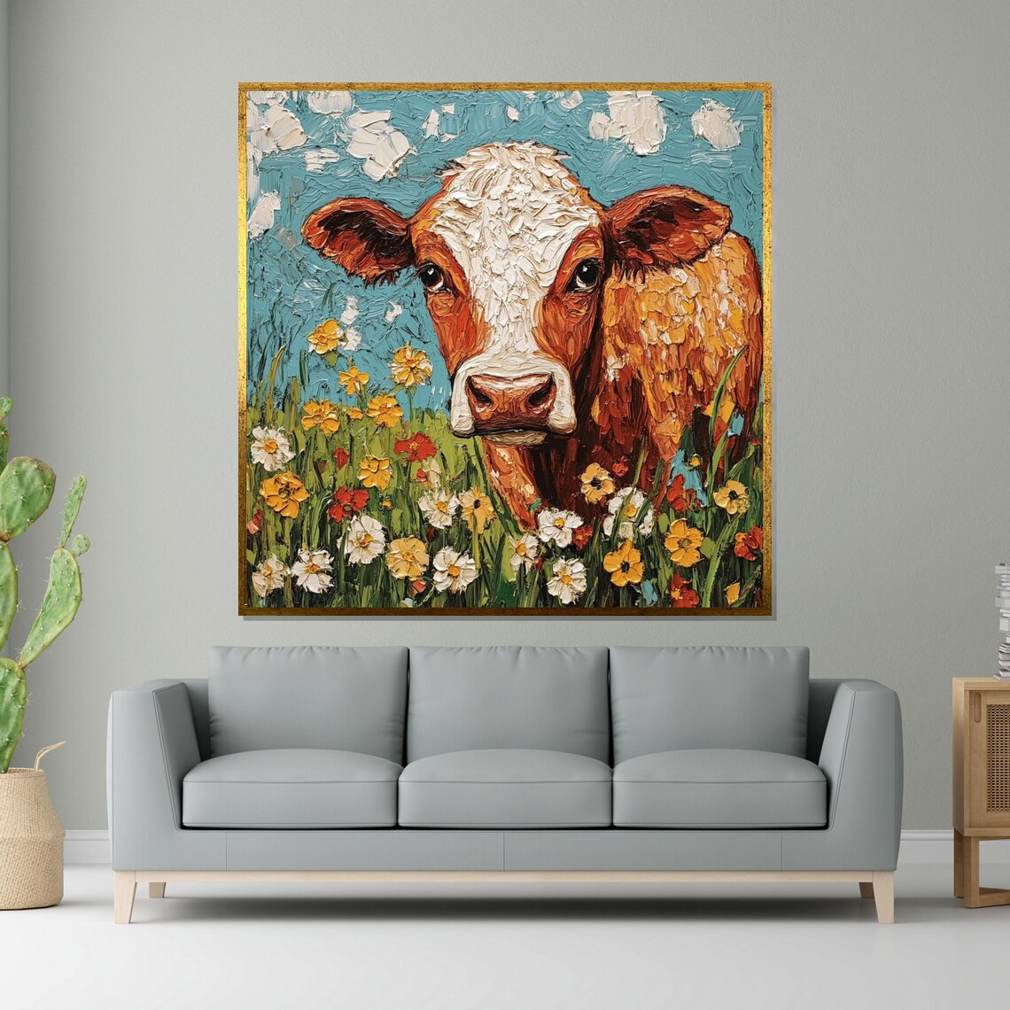 Brown Cow Close Up Wildflower Meadow Textured Impasto Art Poster