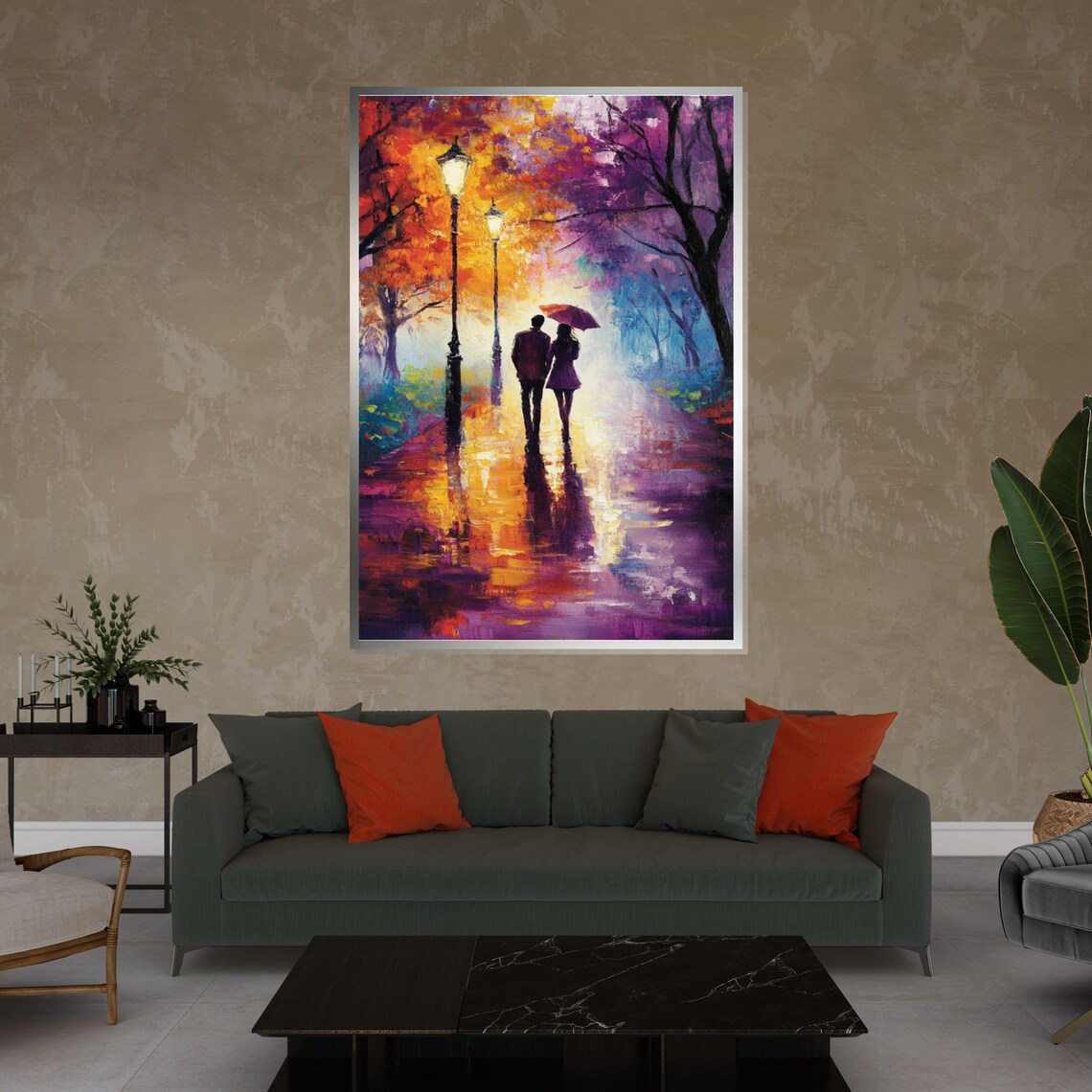 Romantic Couple With Umbrella Rainy Night Walk Autumn Park Poster - Image 4