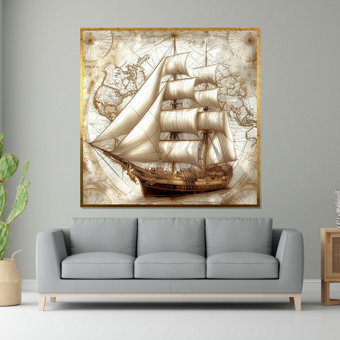 Vintage Sailing Ship Old World Map Sepia Nautical Historic Art Poster