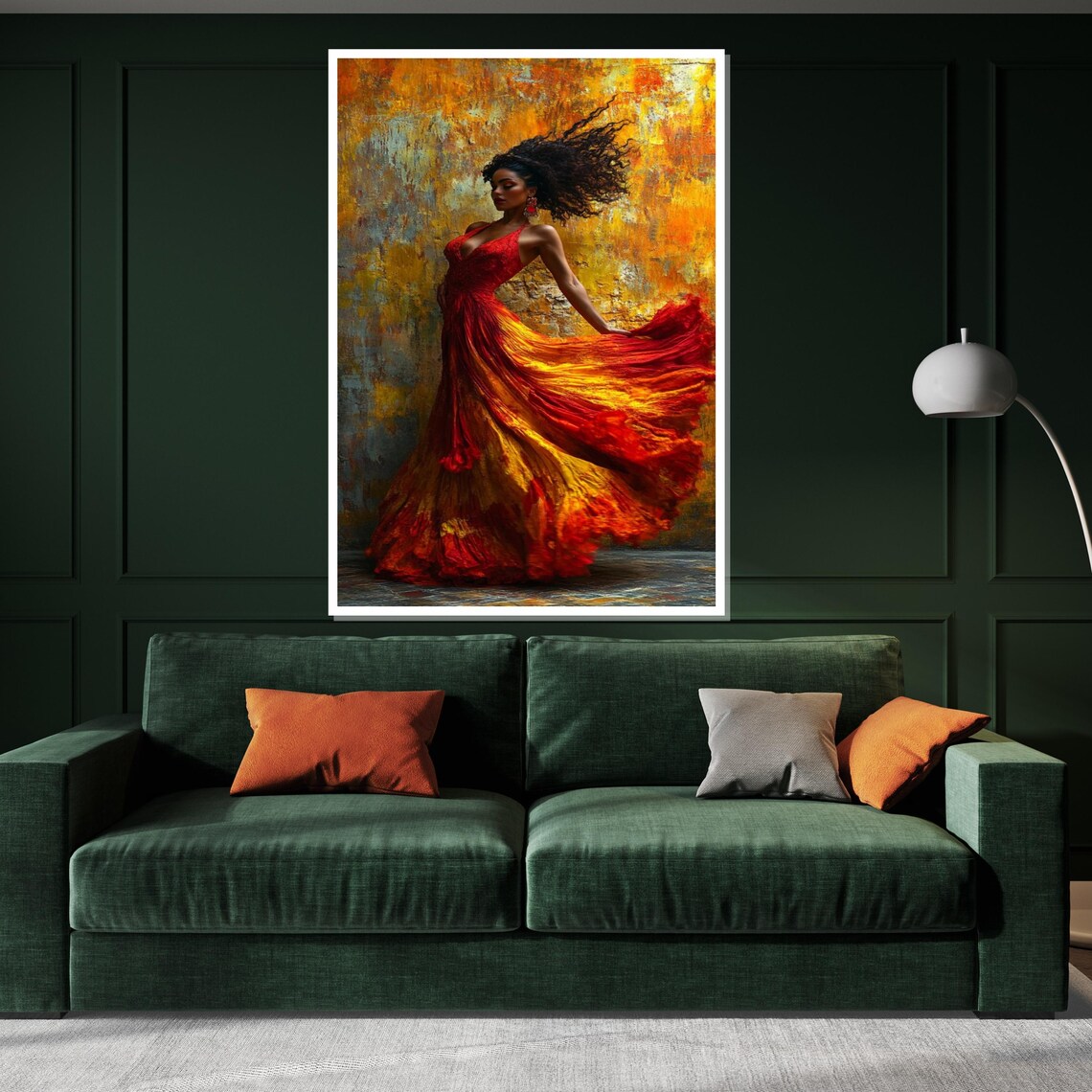 Fiery Flamenco Dancer in Flowing Red Orange Dress Golden Art Poster - Image 3