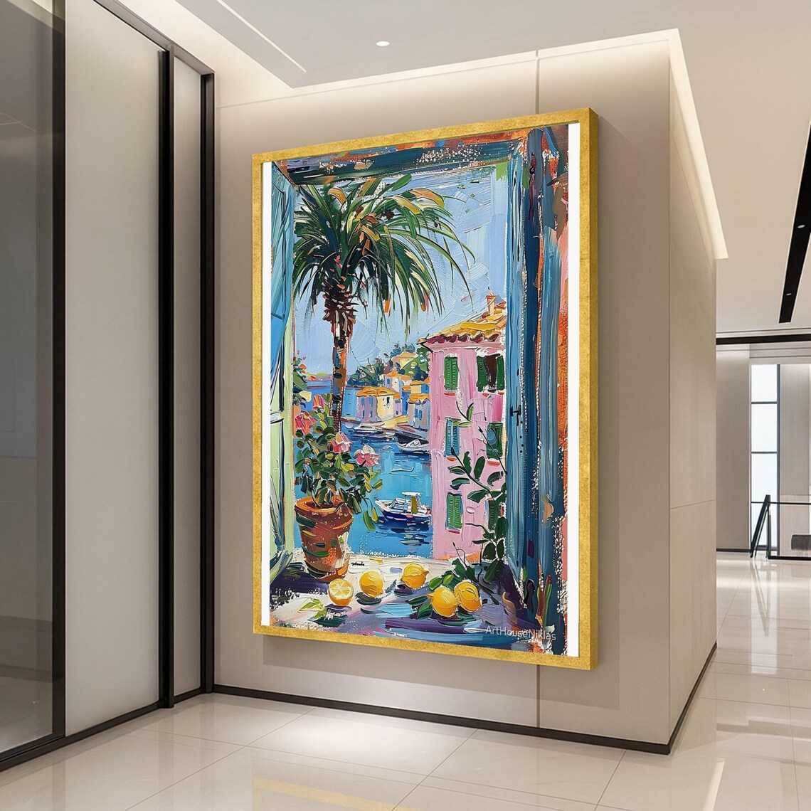 Mediterranean Coastal Window Village Lemon Oil Painting Print