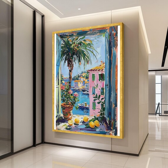 Mediterranean Coastal Window Village Lemon Oil Painting Print