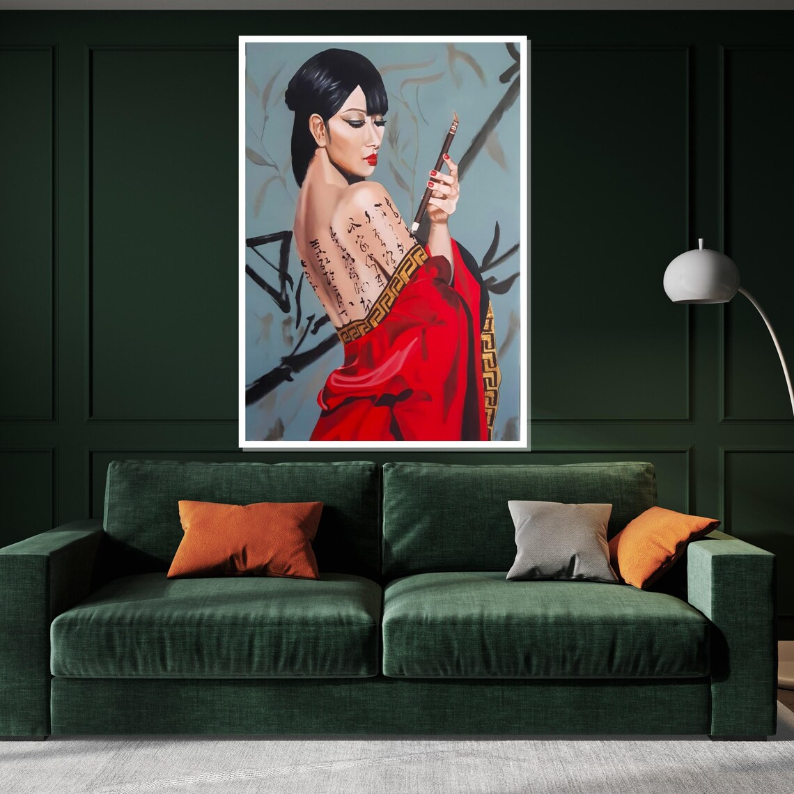 Geisha Beauty In Red Kimono With Calligraphy Bamboo Elegance Poster - Image 3
