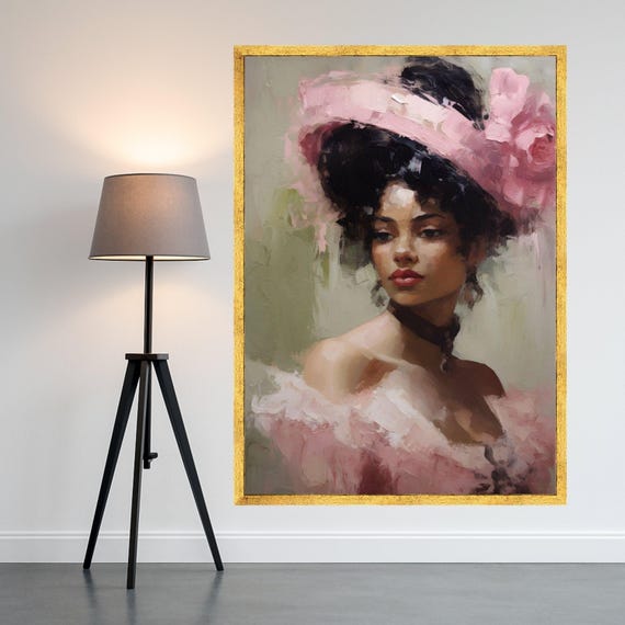 Elegant Victorian Woman Portrait Canvas Pink Hat Painting Feminine Wall Art Classic Beauty Vintage Inspired Home Ready To Hang