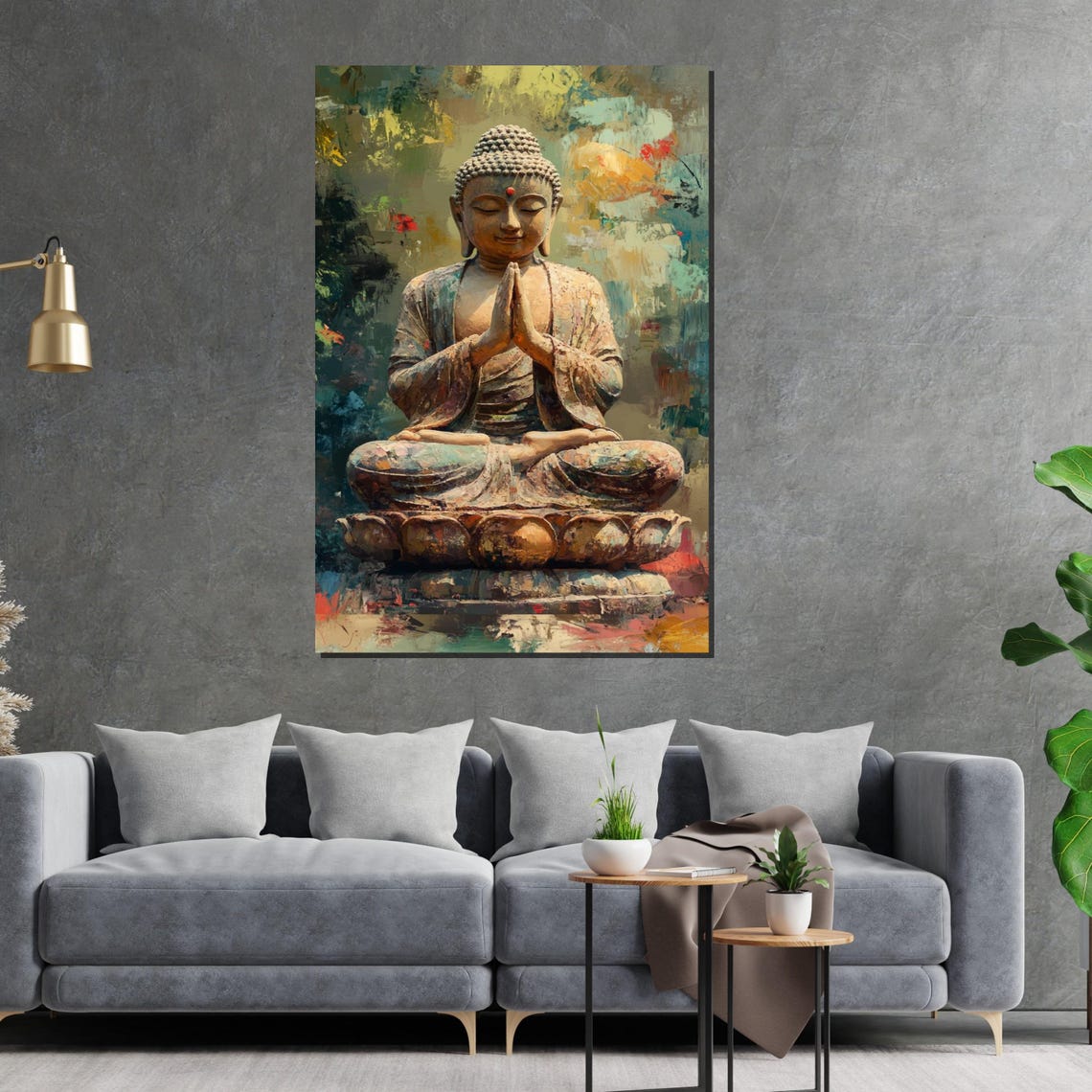 Praying Buddha Statue Lotus Pose Colorful Spiritual Art Poster - Image 2