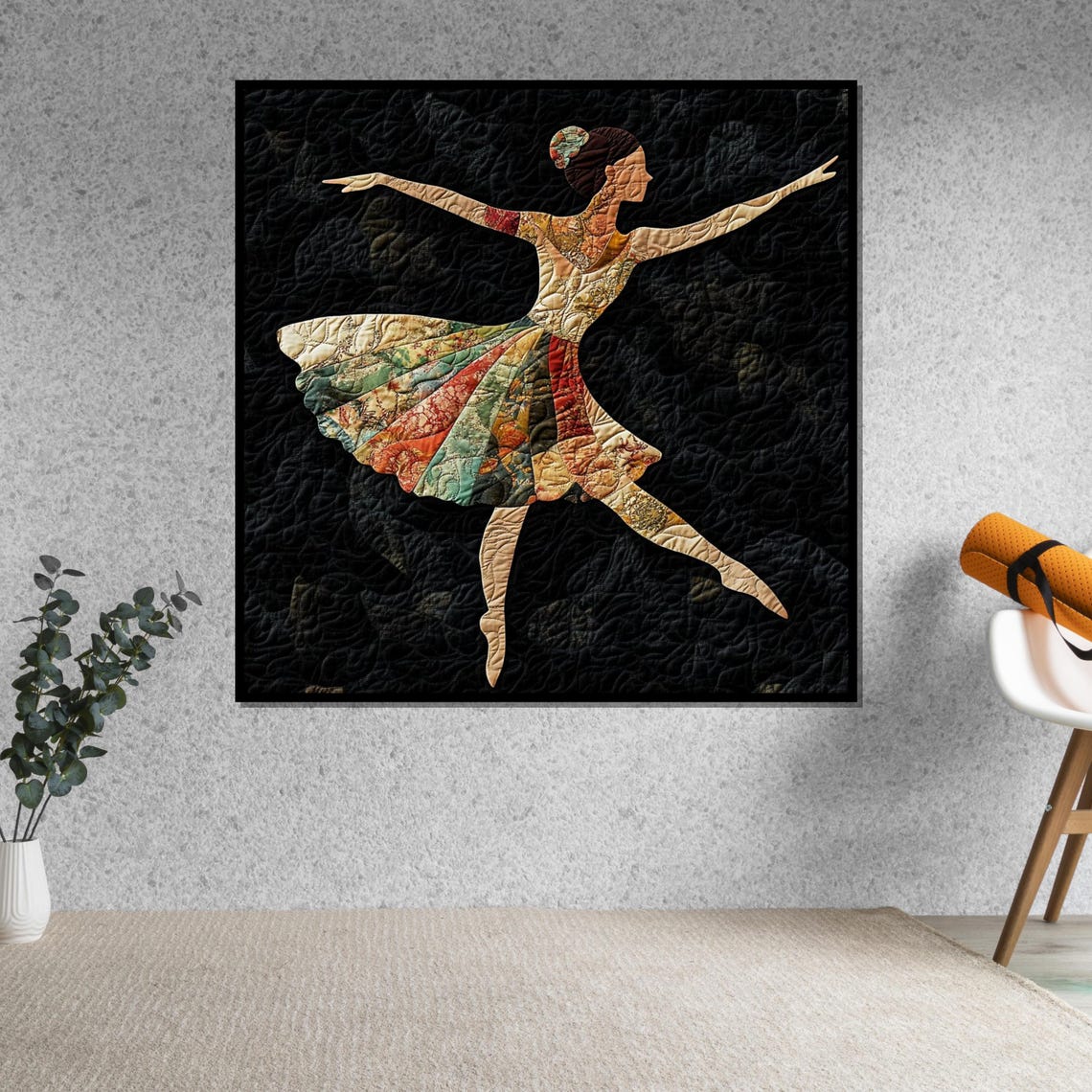 Quilted Patchwork Ballerina Map Skirt Black Background Folk Art Poster - Image 5