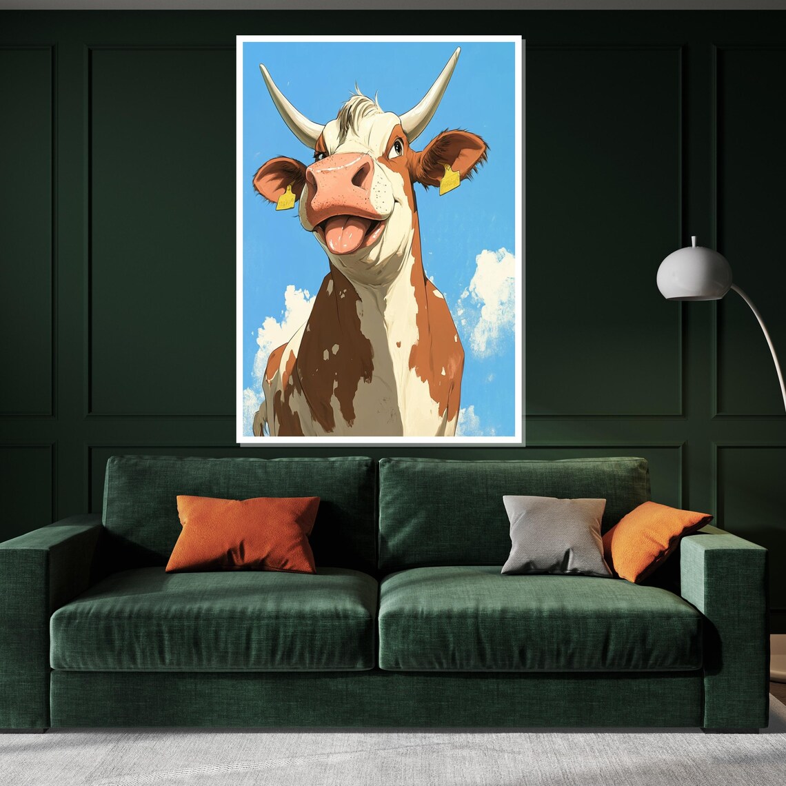 Smiling Cartoon Cow Bright Blue Sky Funny Farm Animal Art Poster - Image 3