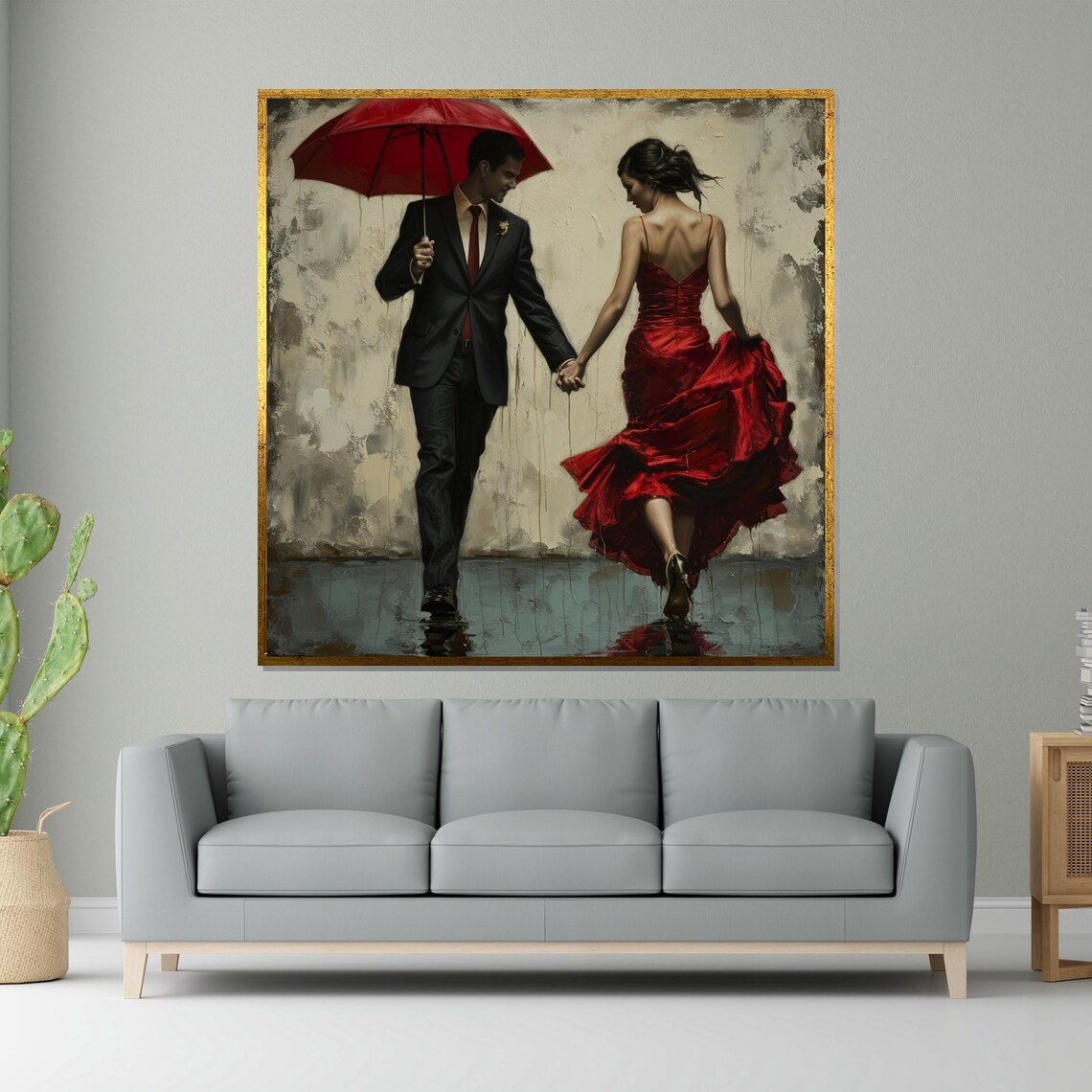 Couple Walking in Rain Under Red Umbrella Romantic Art Poster