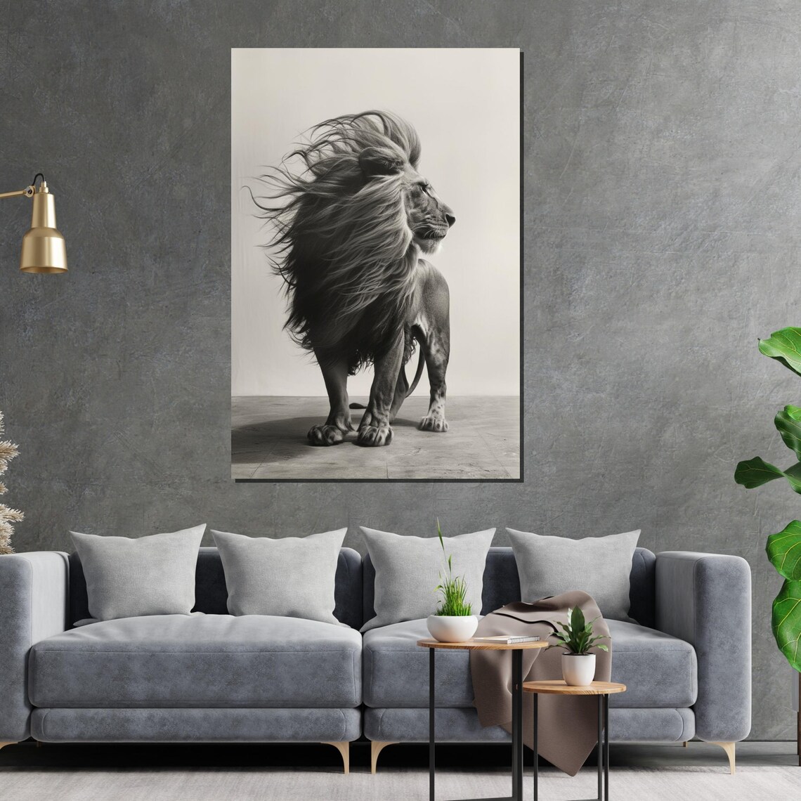 Monochrome Lion Standing Windswept Mane Black White Art Poster - Image 2