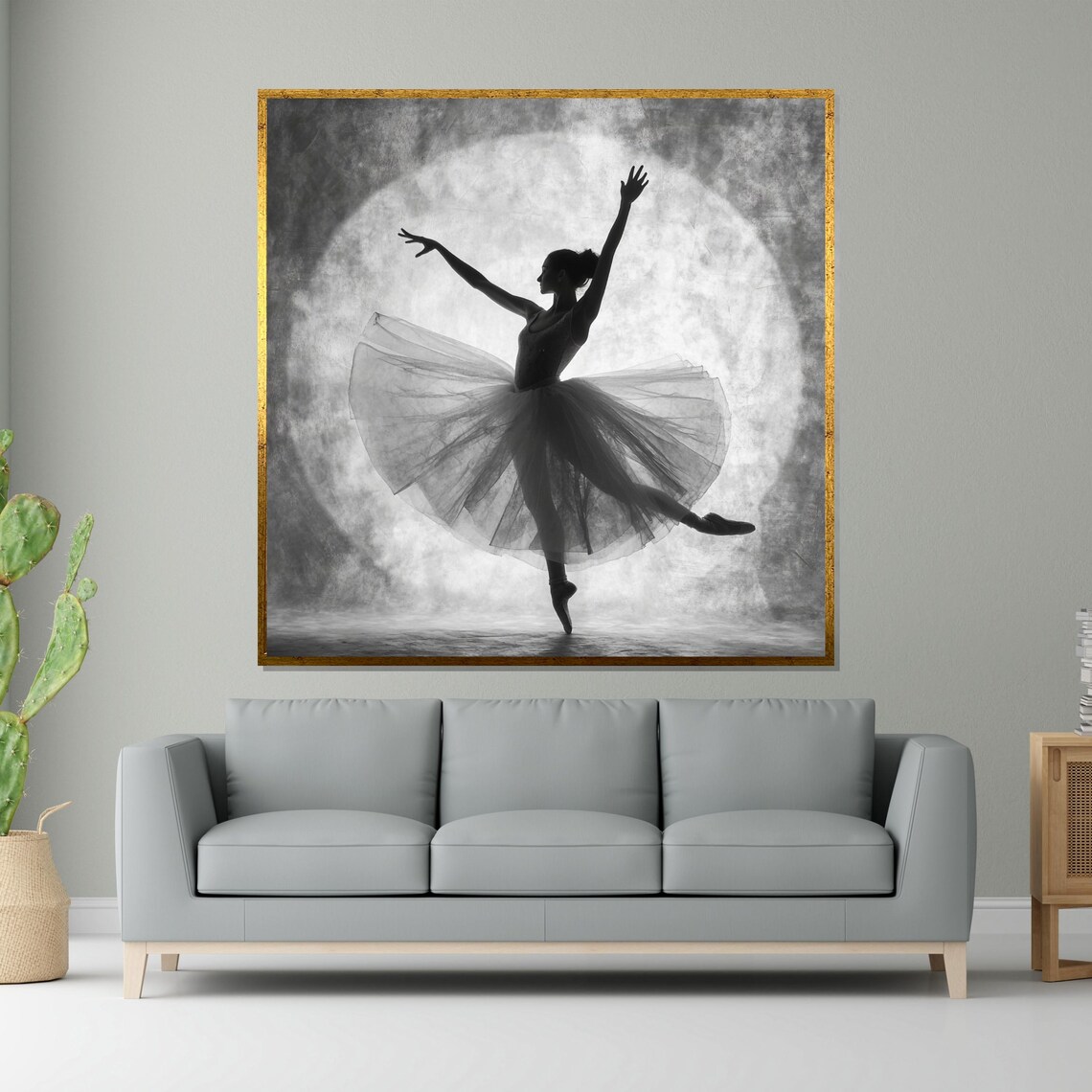 Ballerina Silhouette Dancing Against Full Moon Monochrome Poster