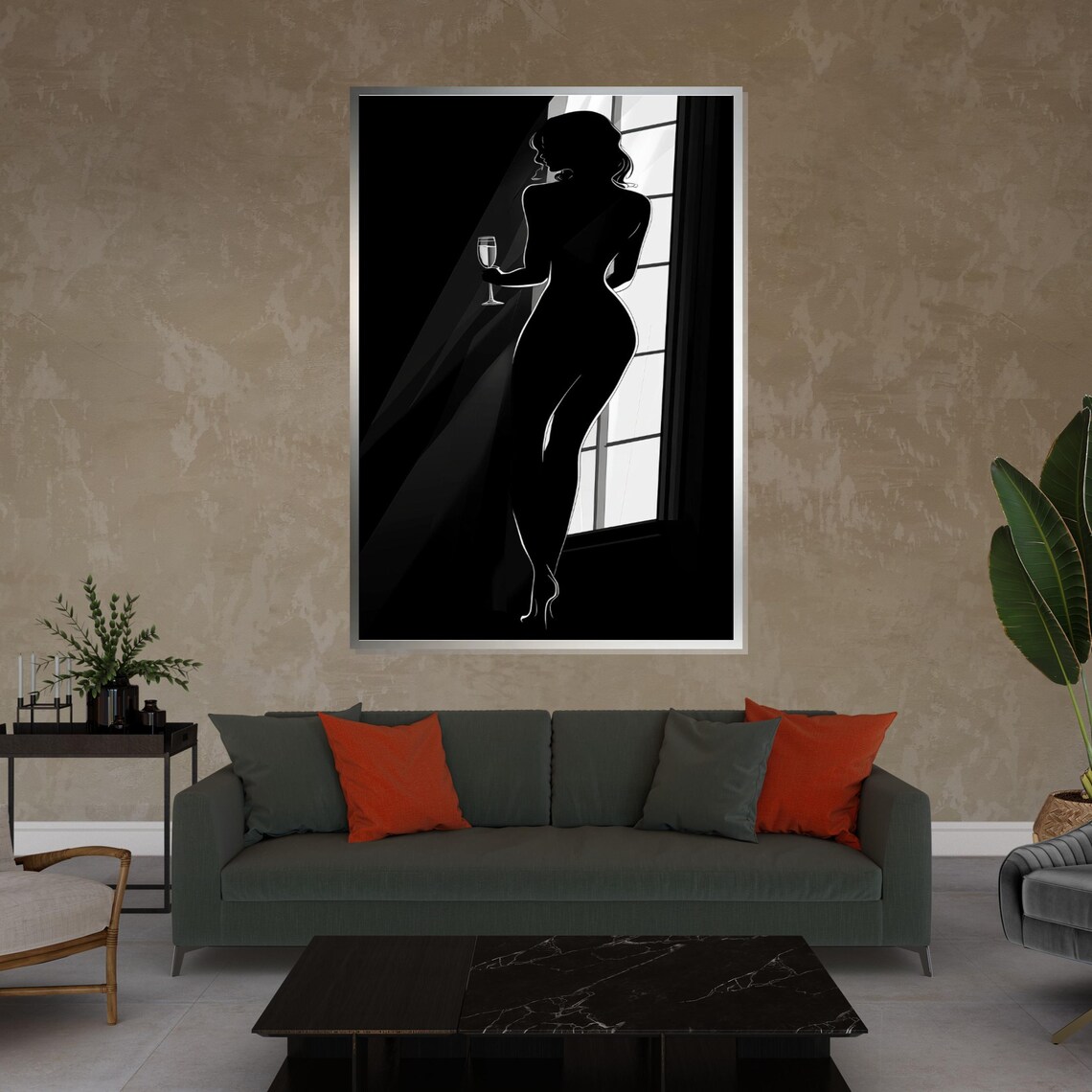 Elegant Silhouette Woman With Wine Glass By Window Noir Style Poster - Image 4