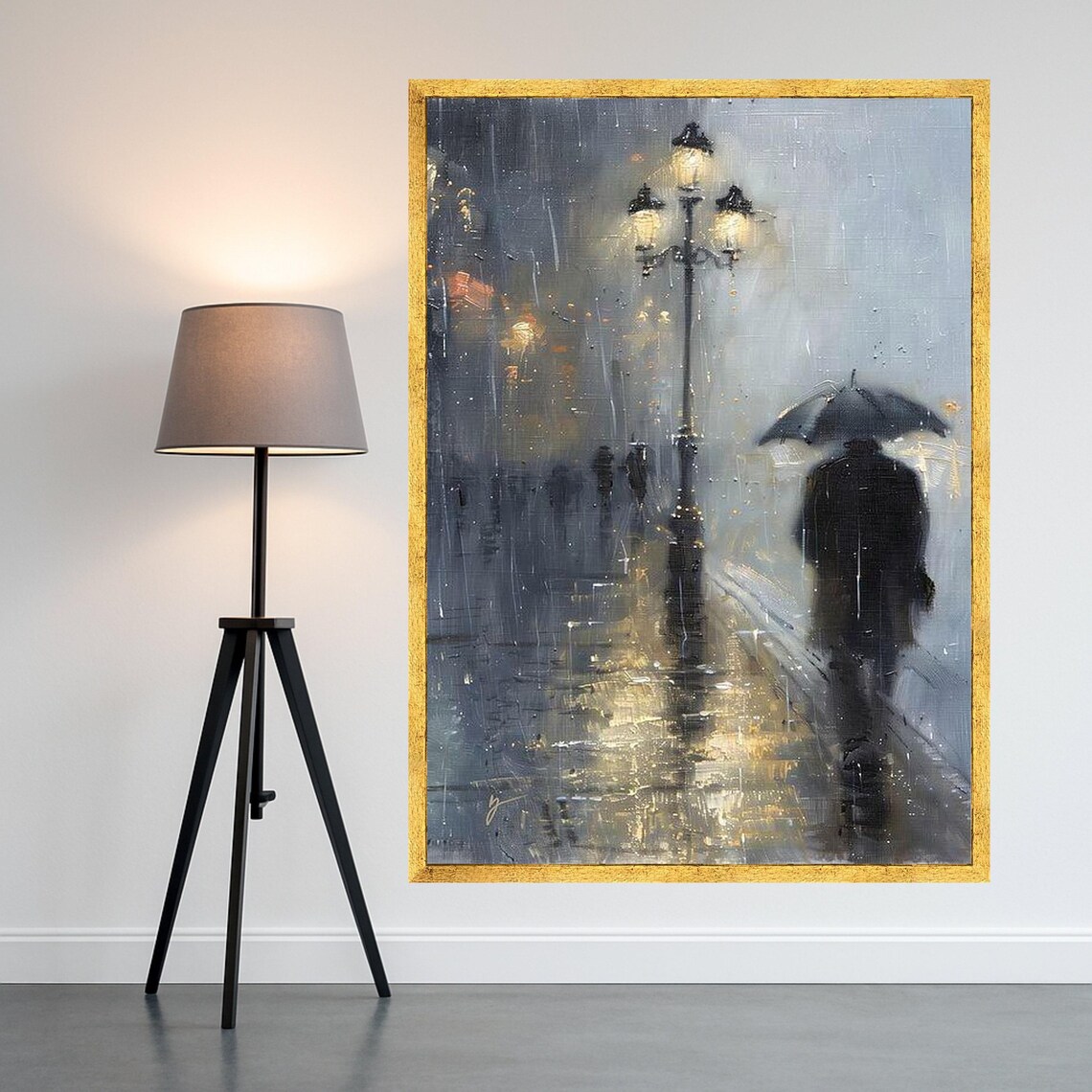 Rainy City Evening Man With Umbrella Street Lamp Moody Poster