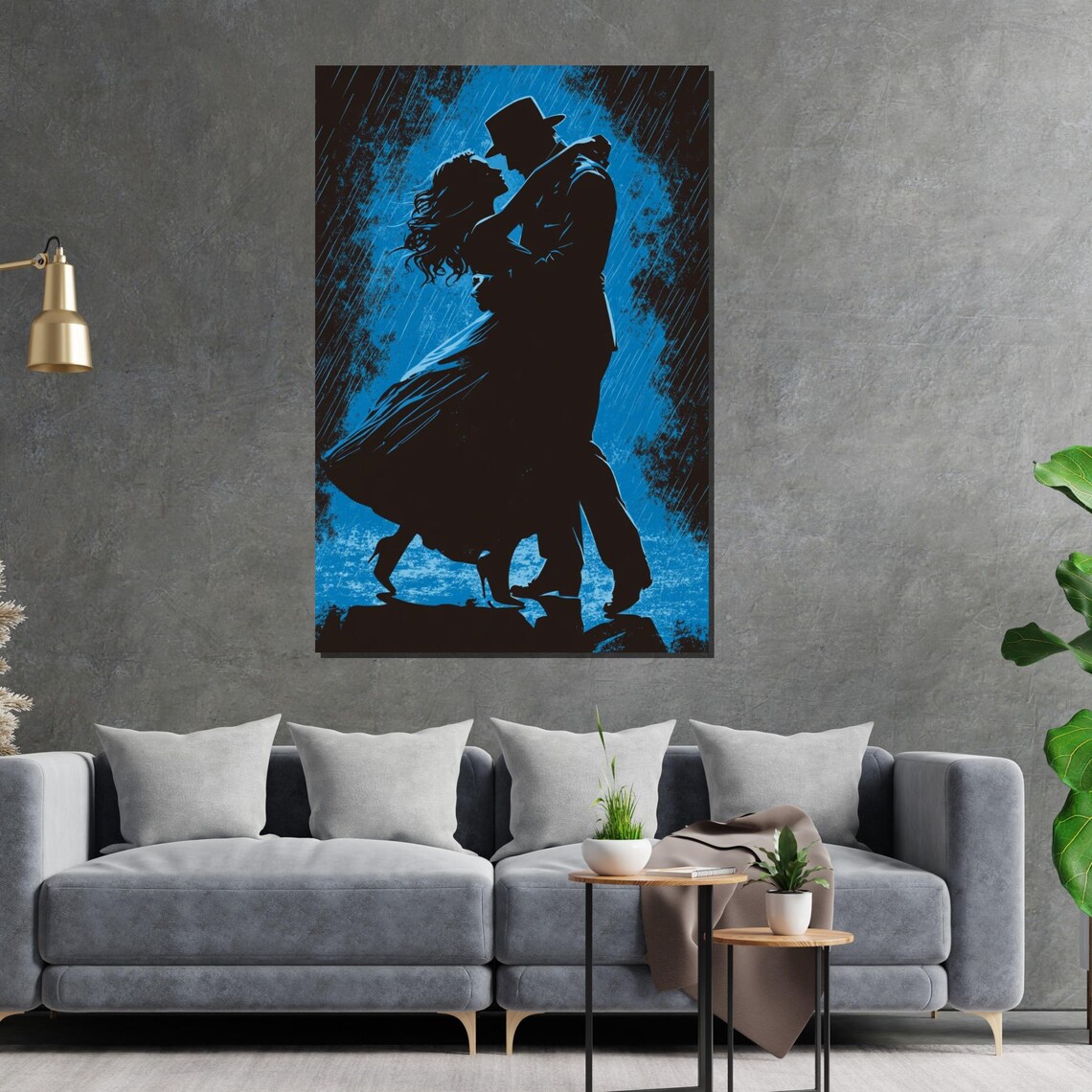 Dancing Couple In The Rain Blue Night Silhouette Romantic Dance Poster - Image 2