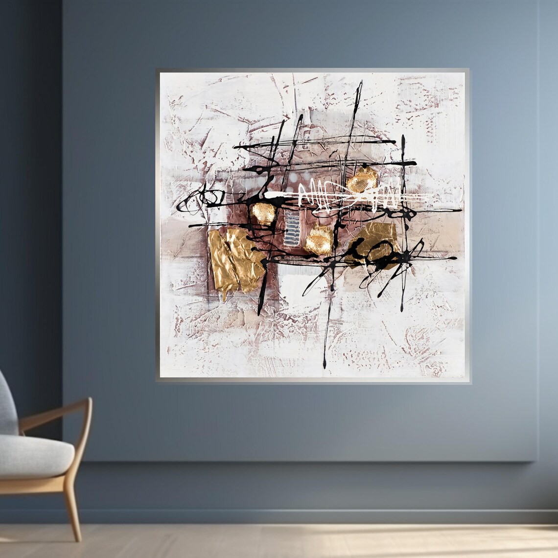 White Abstract Gold Leaf Accents Black Ink Scribble Art Poster - Image 4