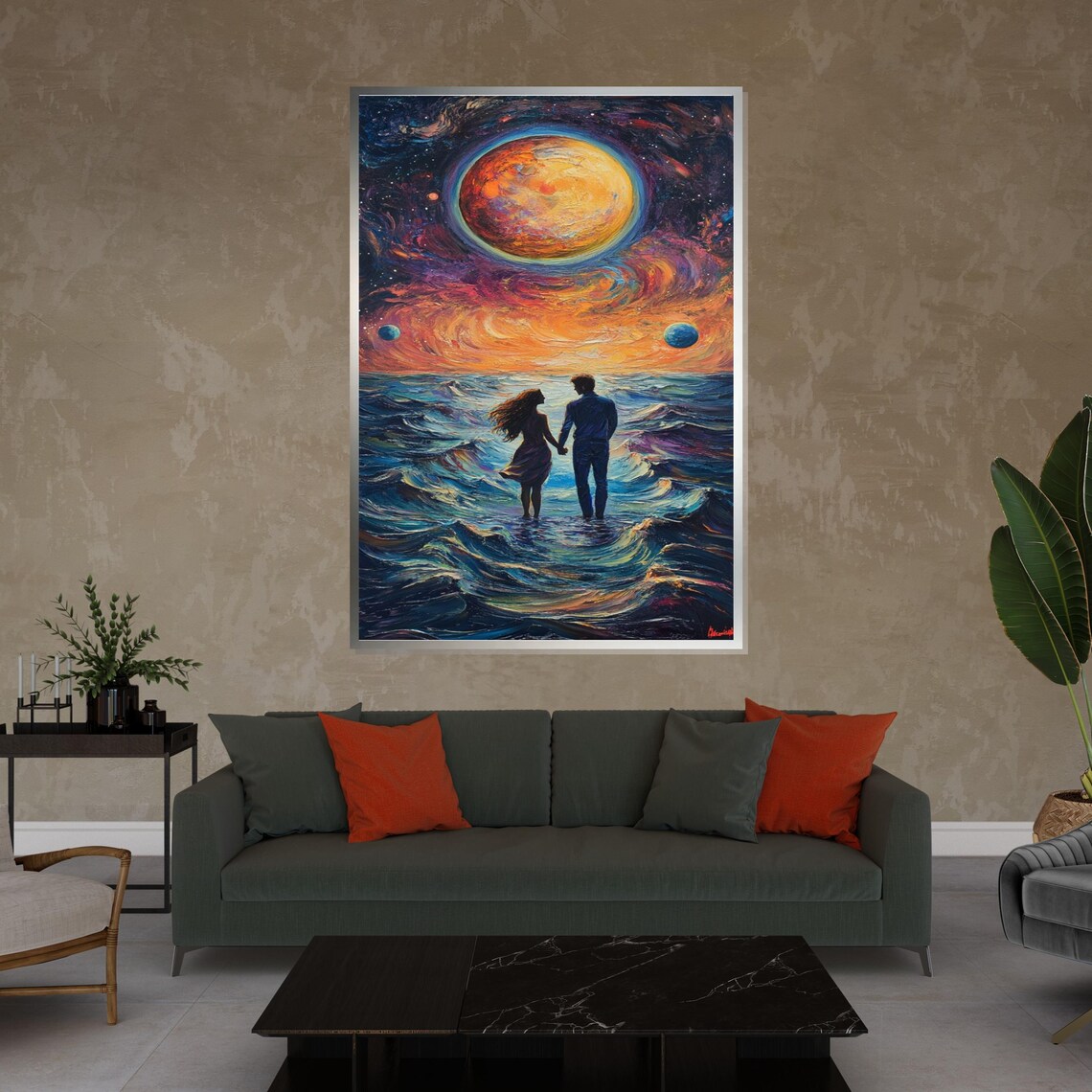Lovers Walking Cosmic Ocean Giant Planet Surreal Romance Poster - Image 4