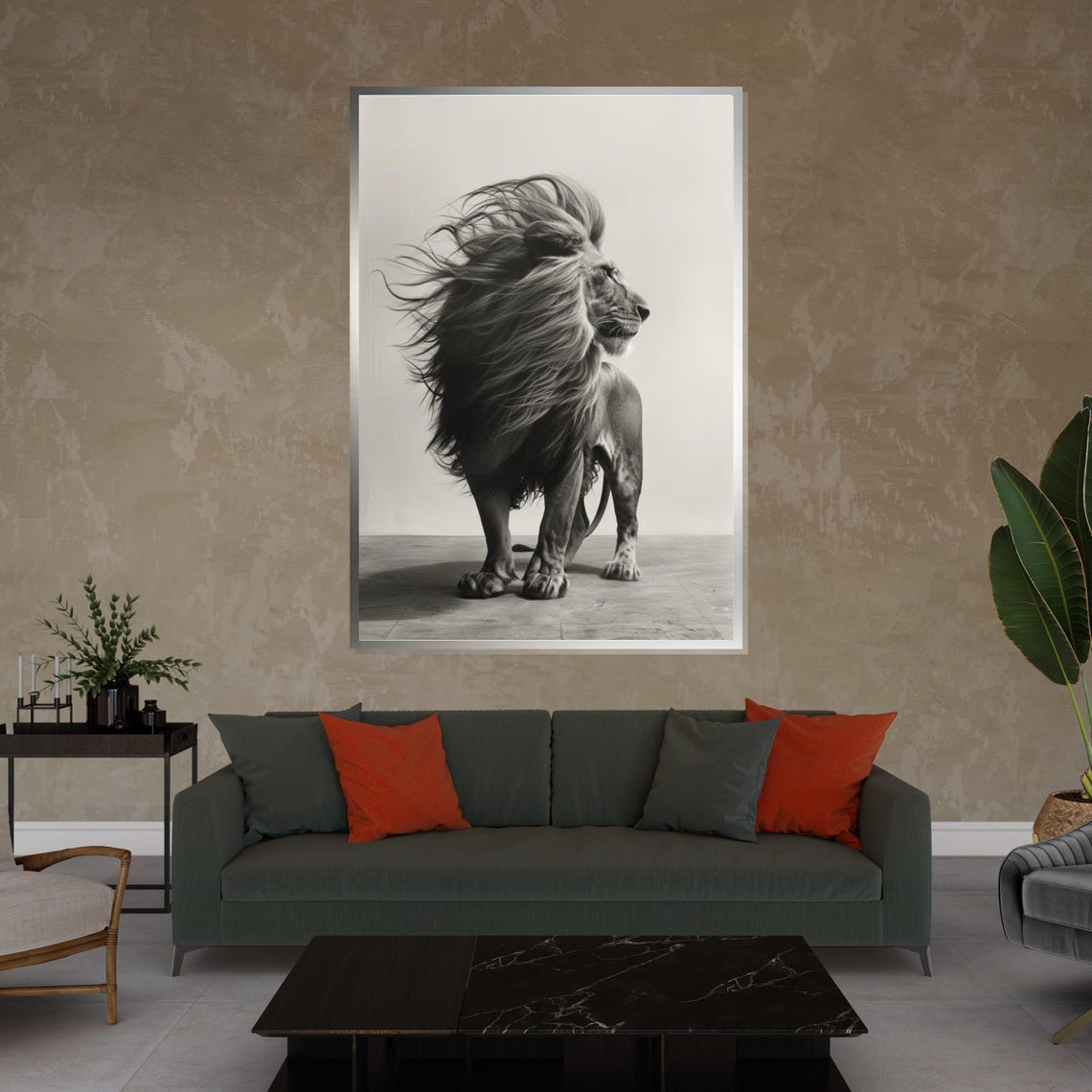 Monochrome Lion Standing Windswept Mane Black White Art Poster - Image 4